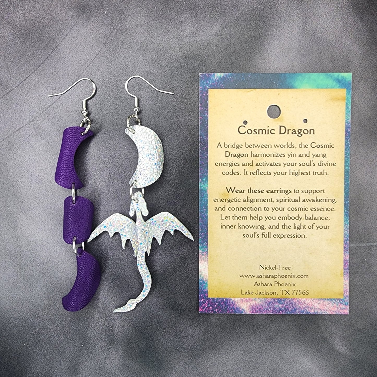 Aurora’s Purple Aura Triple Moon And Dragon Earrings
