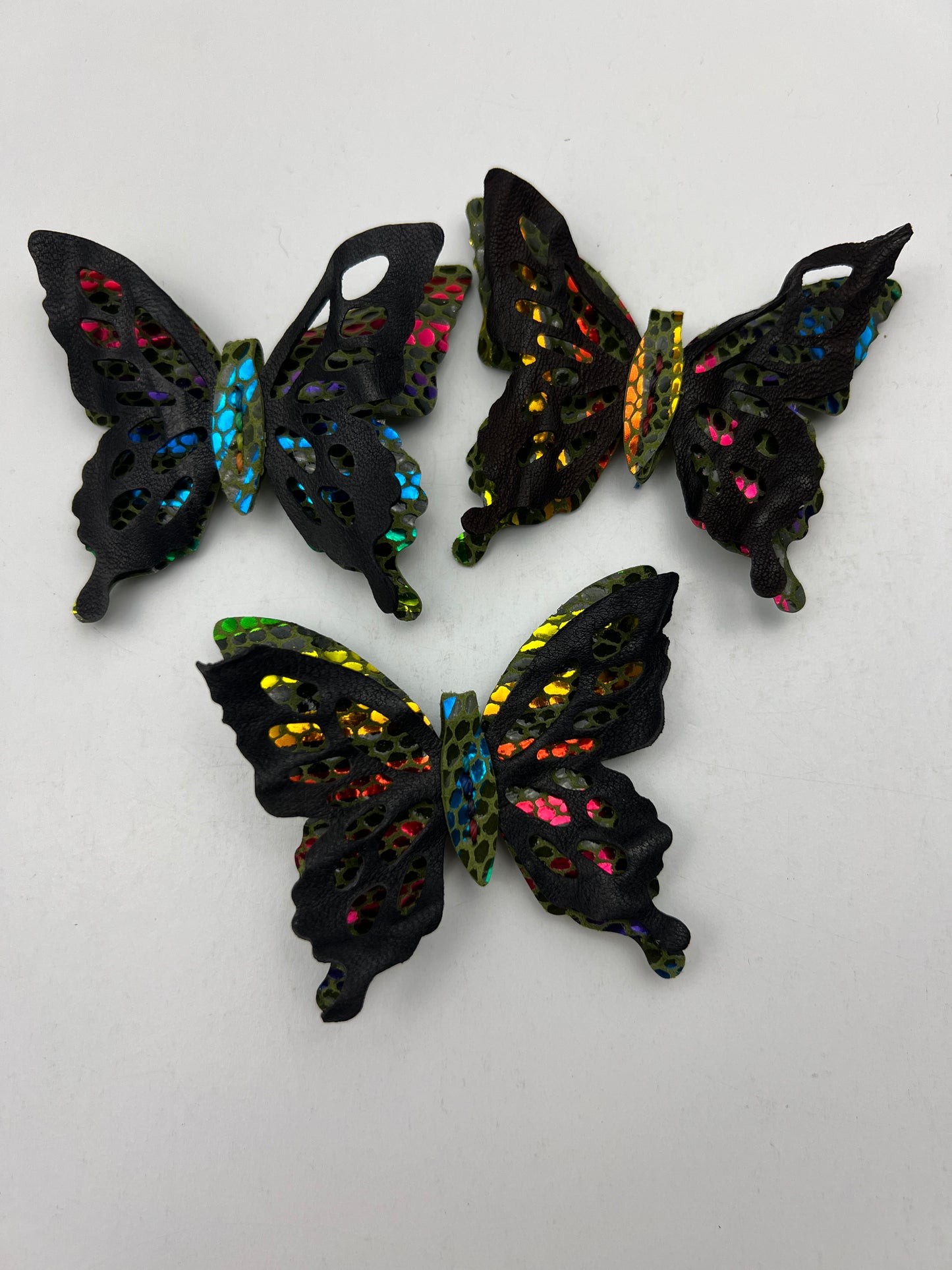 Rainbow and Black Leather Butterfly Clips