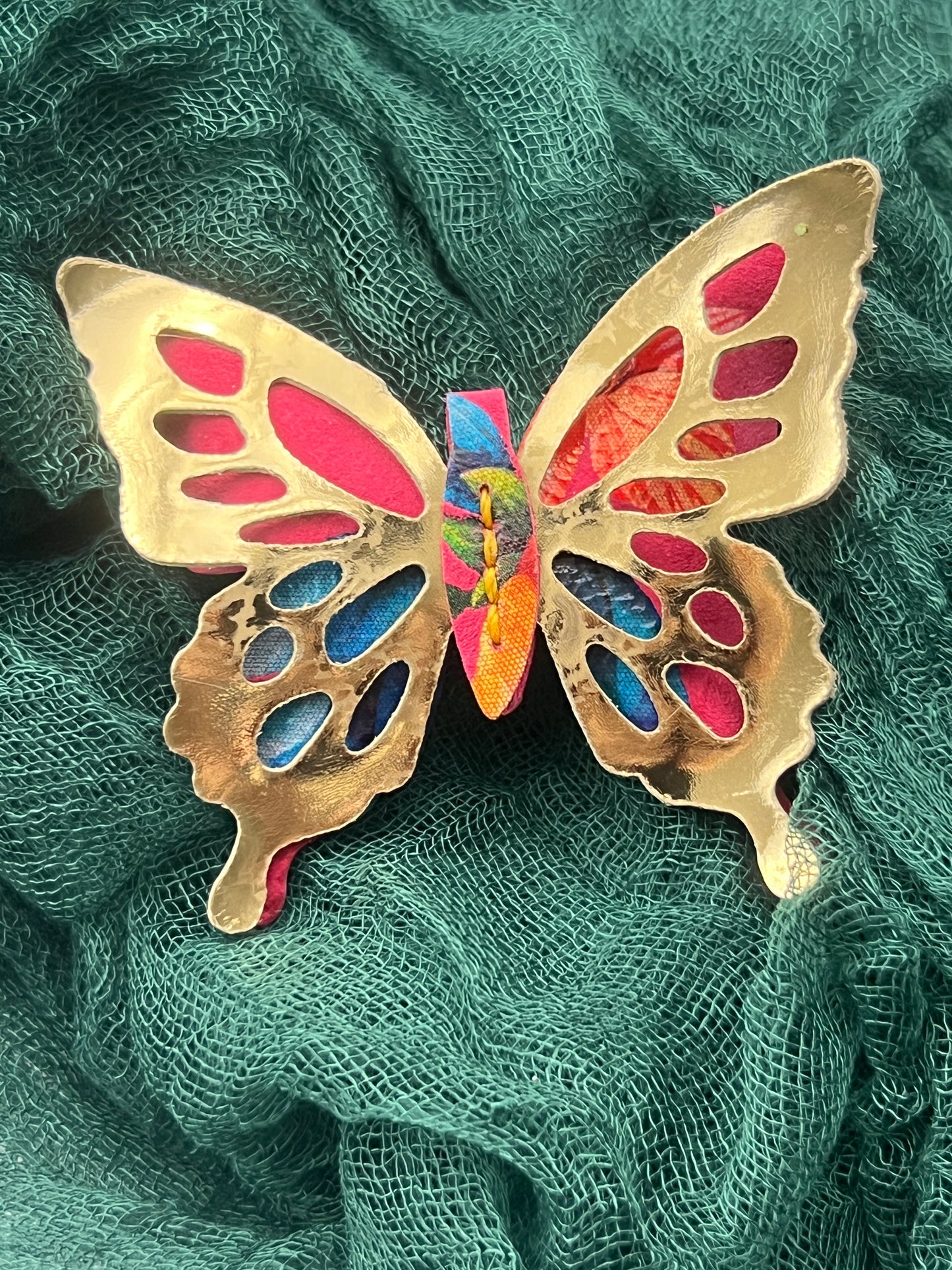 Pink Floral with Gold Top Leather Butterfly Clip