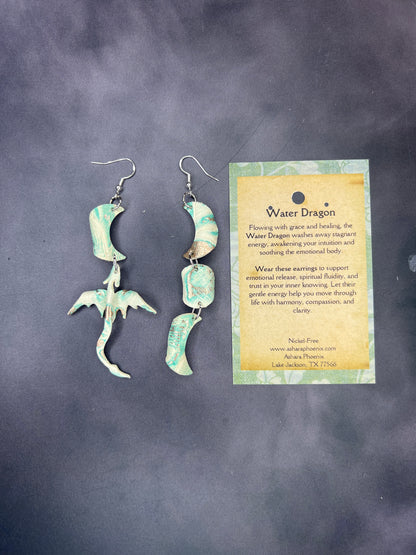 Seafoam Veil Dragon Earring with Triple Moon