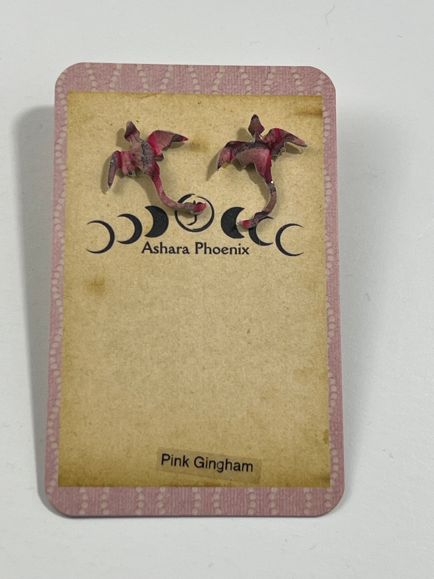 Pink Gingham Pink Dragon Stud Earrings