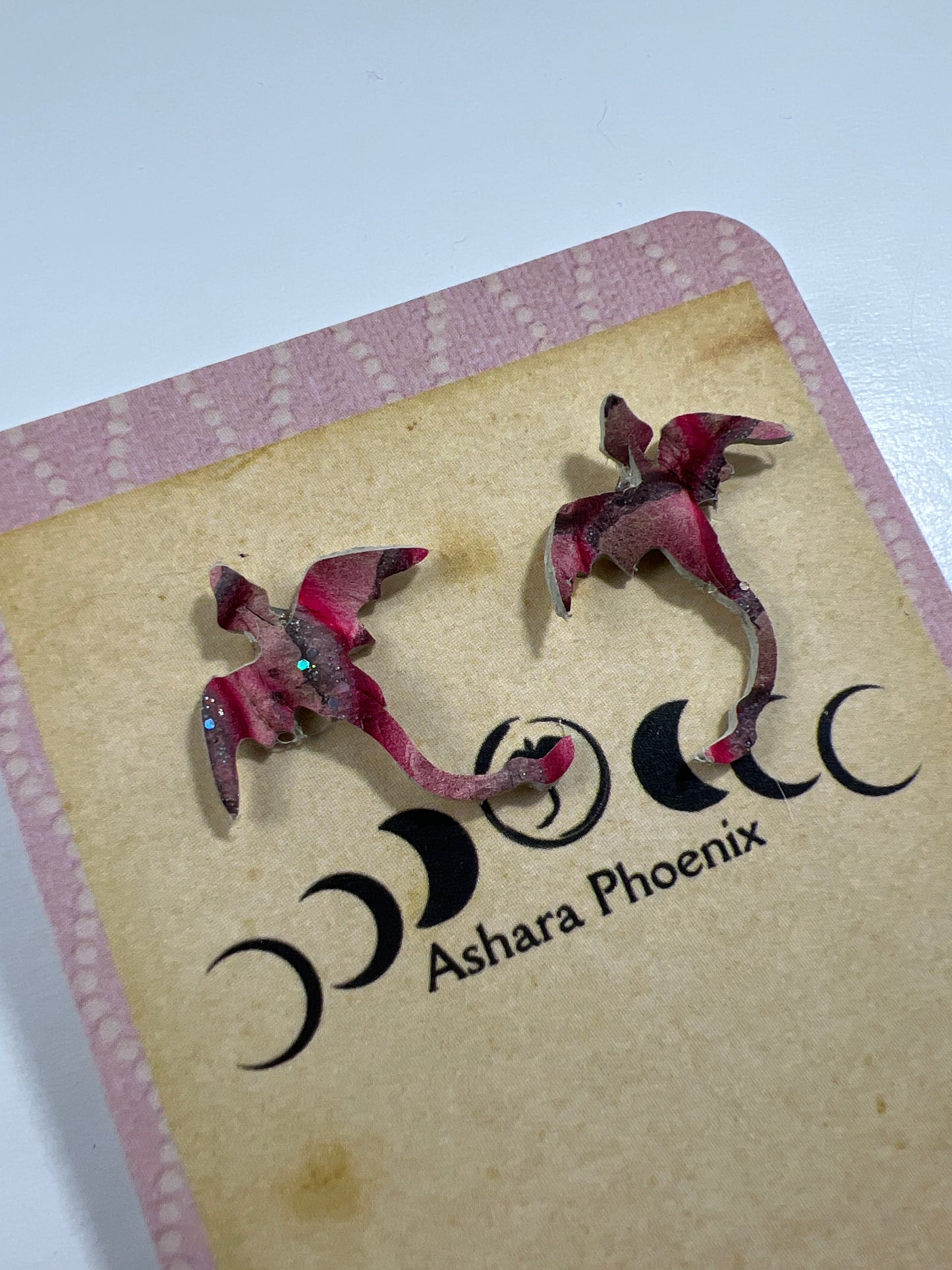 Pink Gingham Pink Dragon Stud Earrings