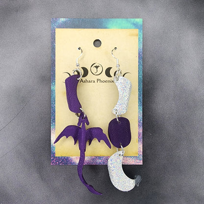 Purple Reign Triple Moon And Dragon Earrings