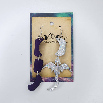 Aurora’s Purple Aura Triple Moon And Dragon Earrings
