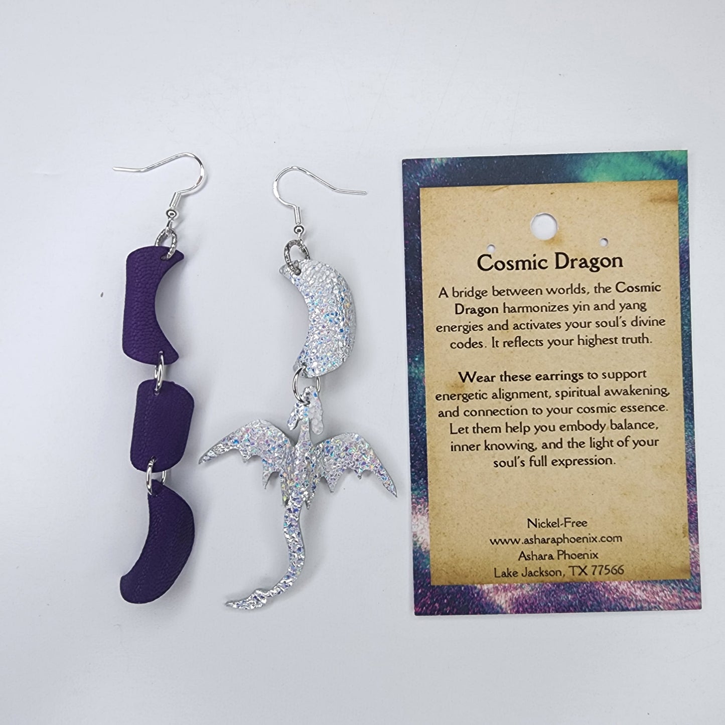 Aurora’s Purple Aura Triple Moon And Dragon Earrings