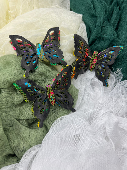 Rainbow and Black Leather Butterfly Clips