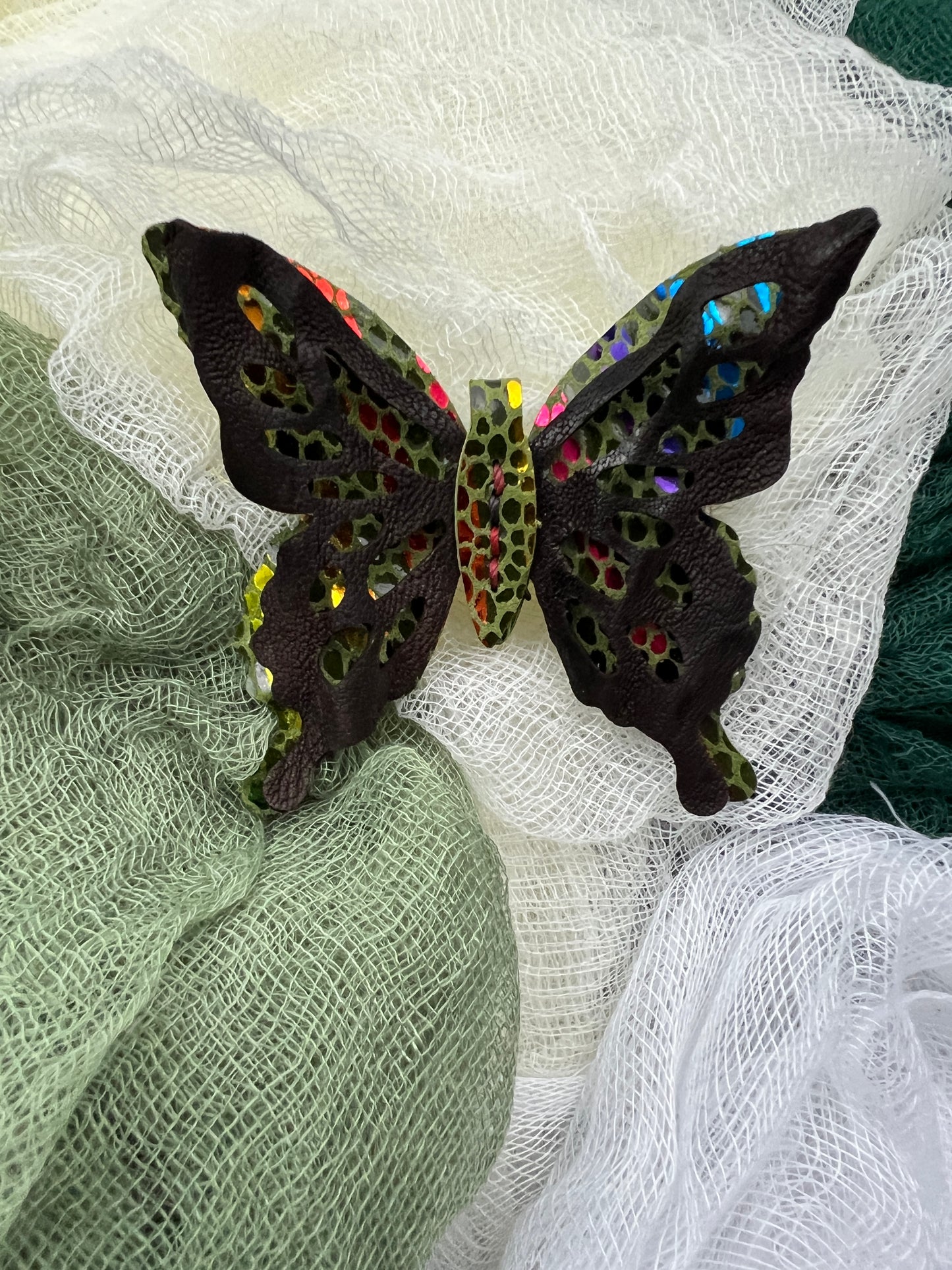 Rainbow and Black Leather Butterfly Clips