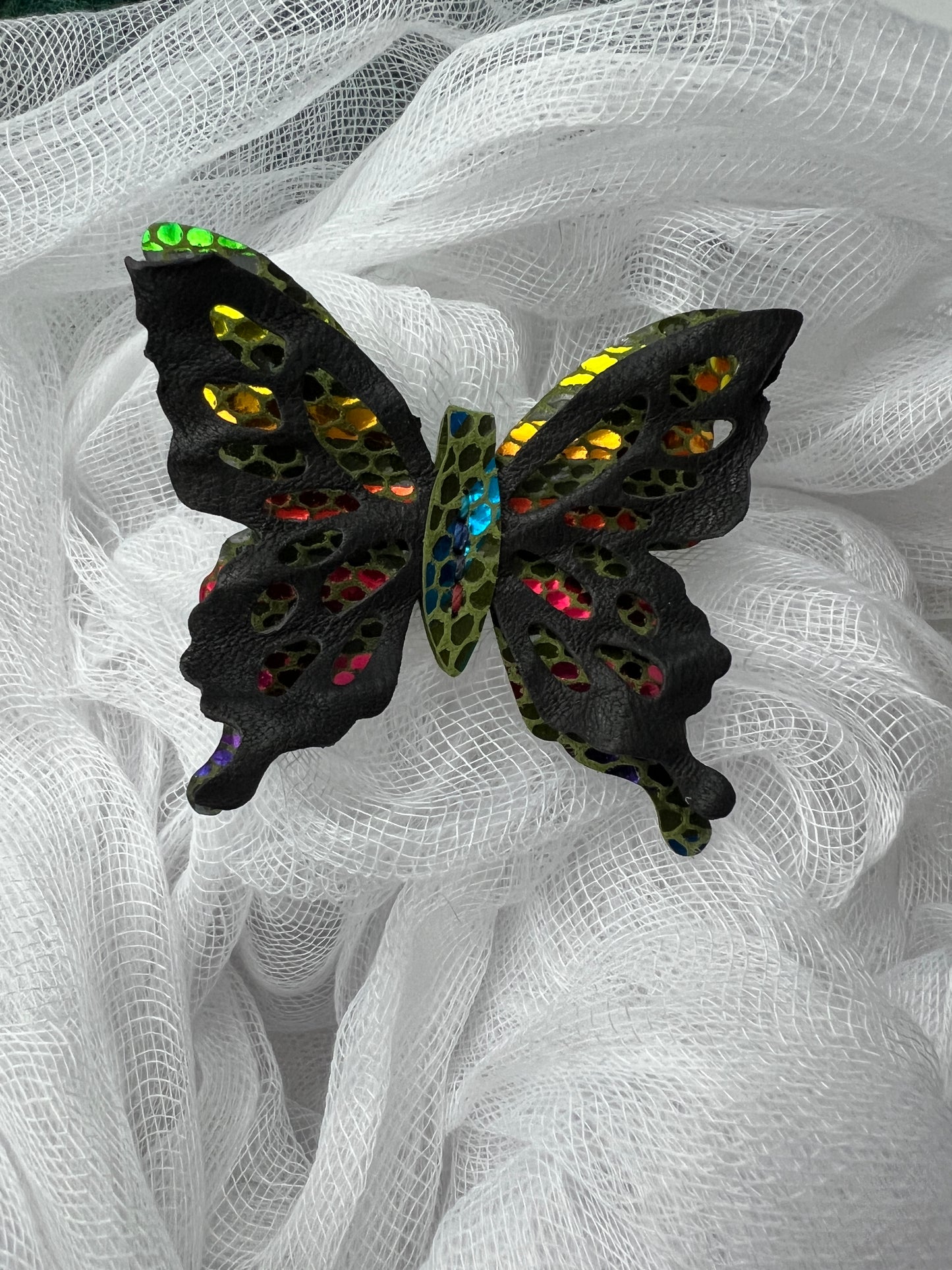 Rainbow and Black Leather Butterfly Clips