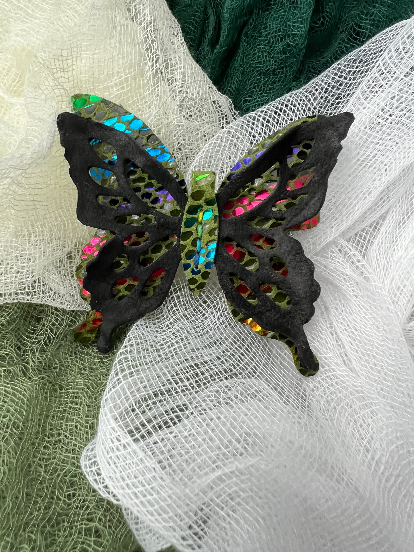 Rainbow and Black Leather Butterfly Clips