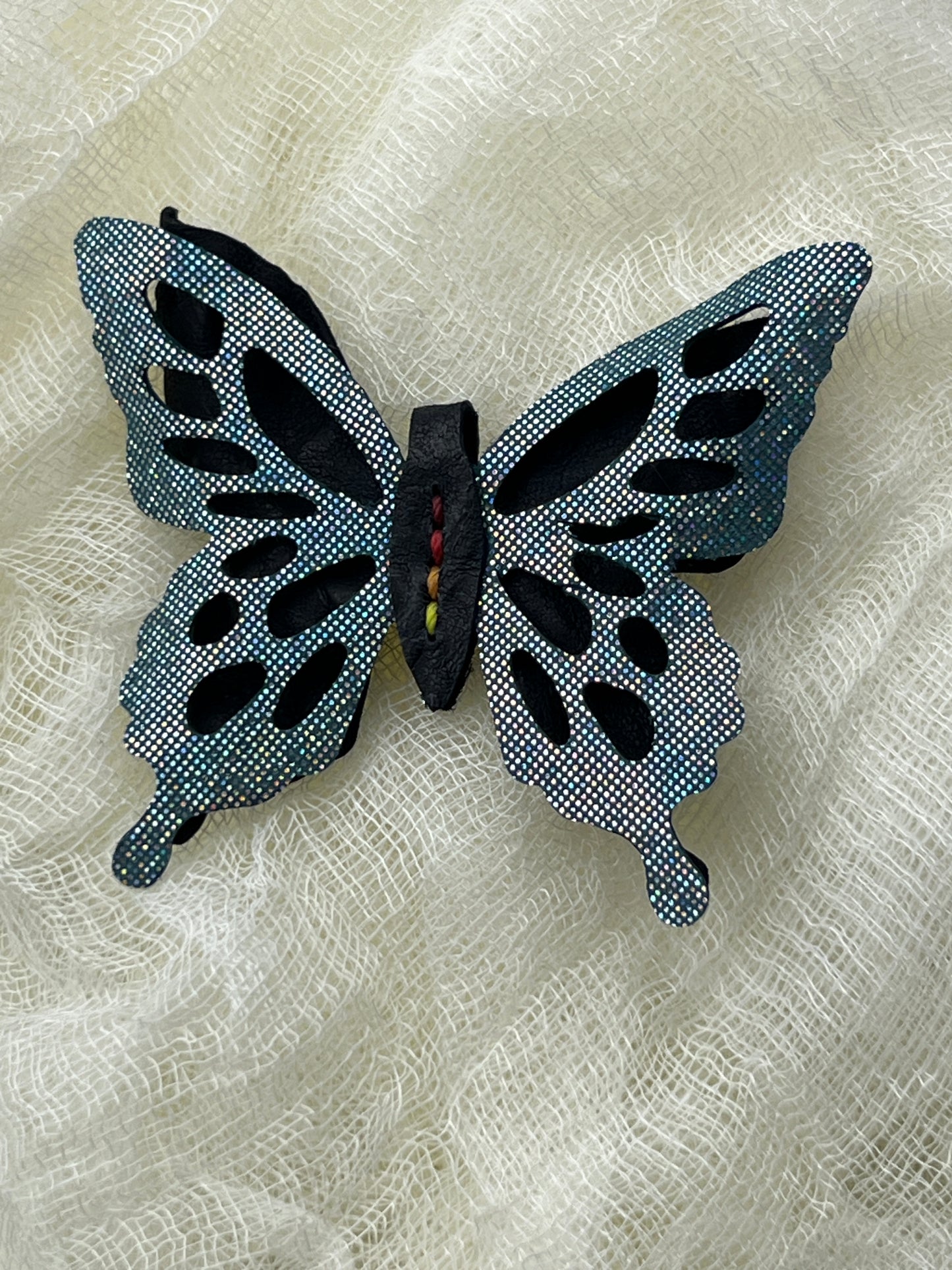 Shimmer Blue over Navy Blue Leather Butterfly Clip