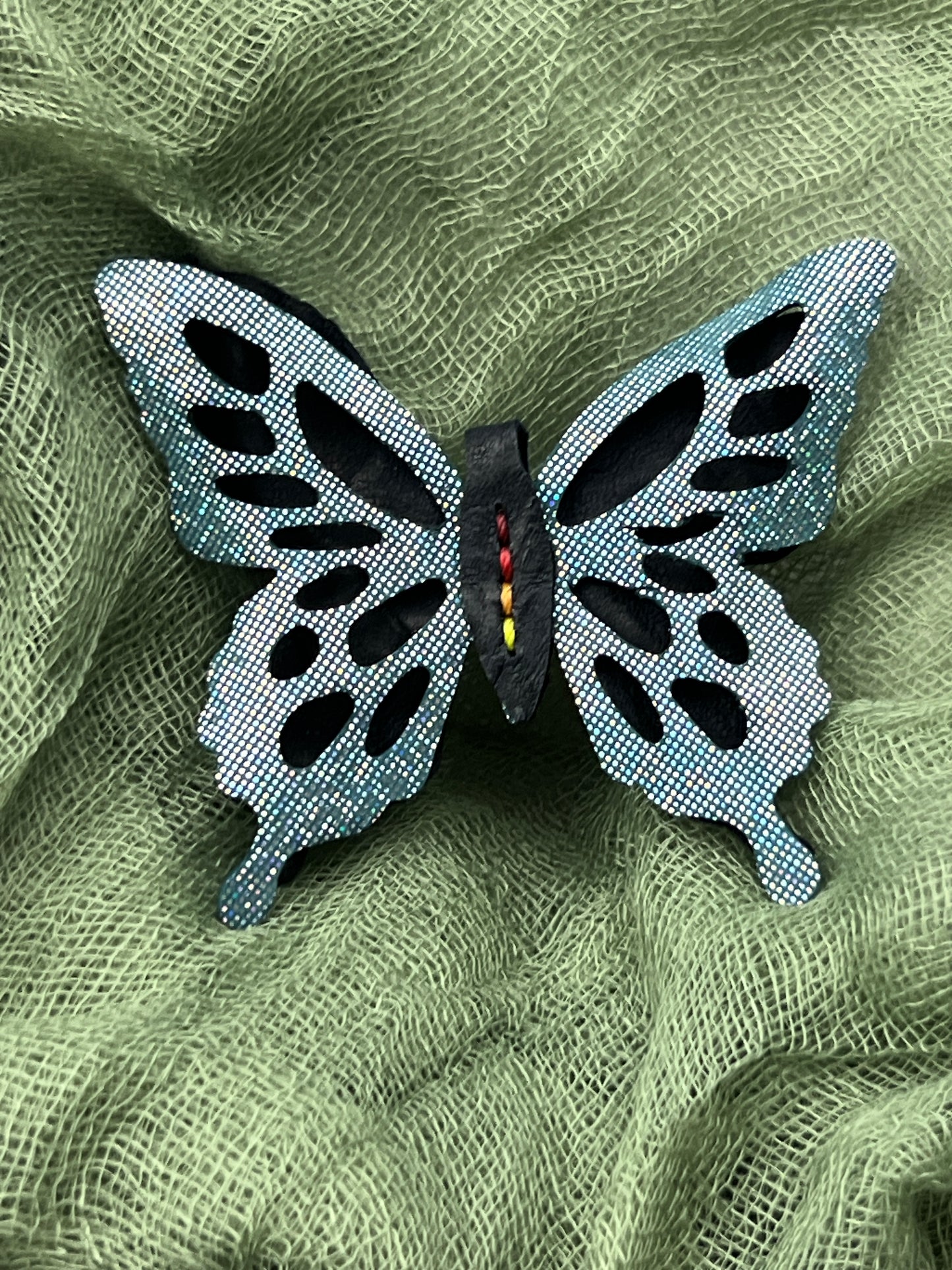 Shimmer Blue over Navy Blue Leather Butterfly Clip