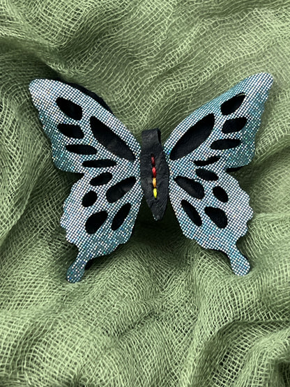 Shimmer Blue over Navy Blue Leather Butterfly Clip