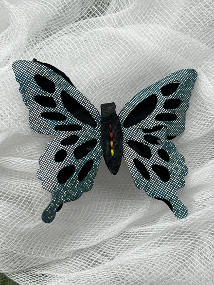 Shimmer Blue over Navy Blue Leather Butterfly Clip