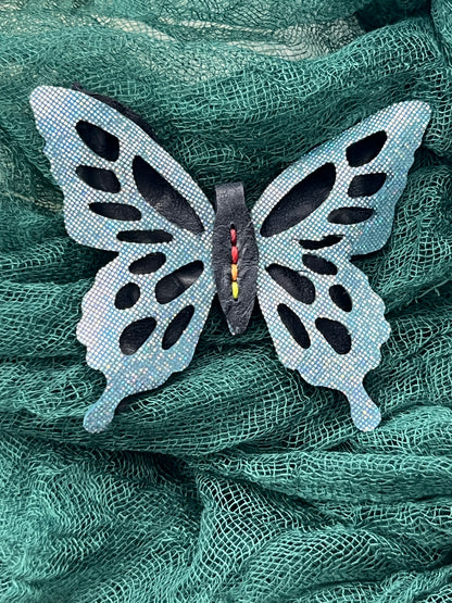 Shimmer Blue over Navy Blue Leather Butterfly Clip