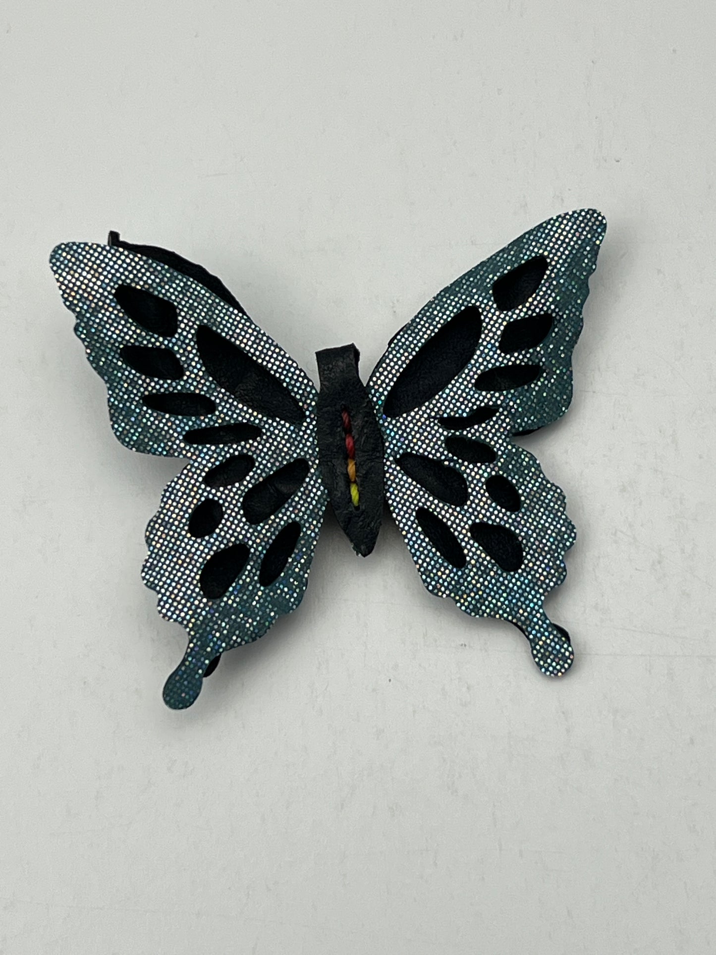 Shimmer Blue over Navy Blue Leather Butterfly Clip