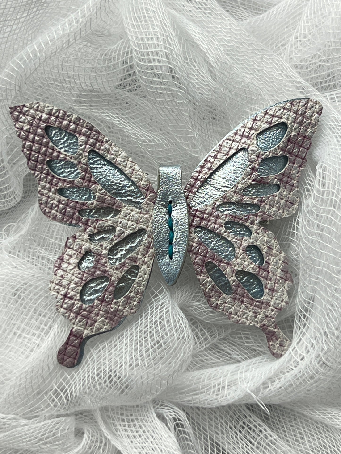 Shimmer Blue with Lavender Top Leather Butterfly Clip