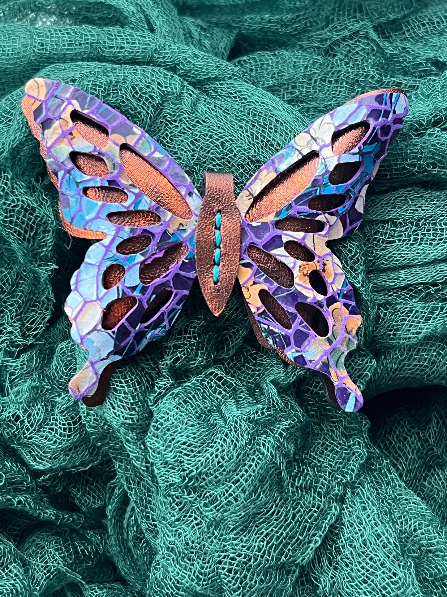 Orange with Purple Mosaic Top Leather Butterfly Clip