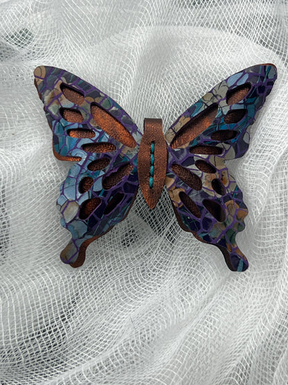 Orange with Purple Mosaic Top Leather Butterfly Clip