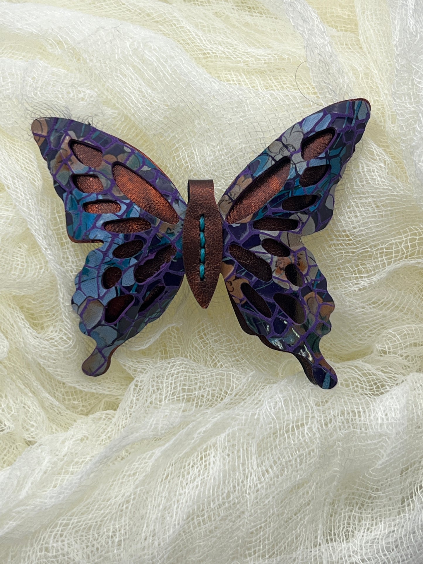 Orange with Purple Mosaic Top Leather Butterfly Clip
