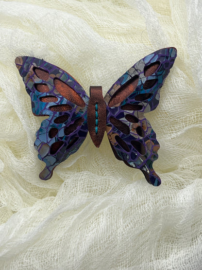 Orange with Purple Mosaic Top Leather Butterfly Clip