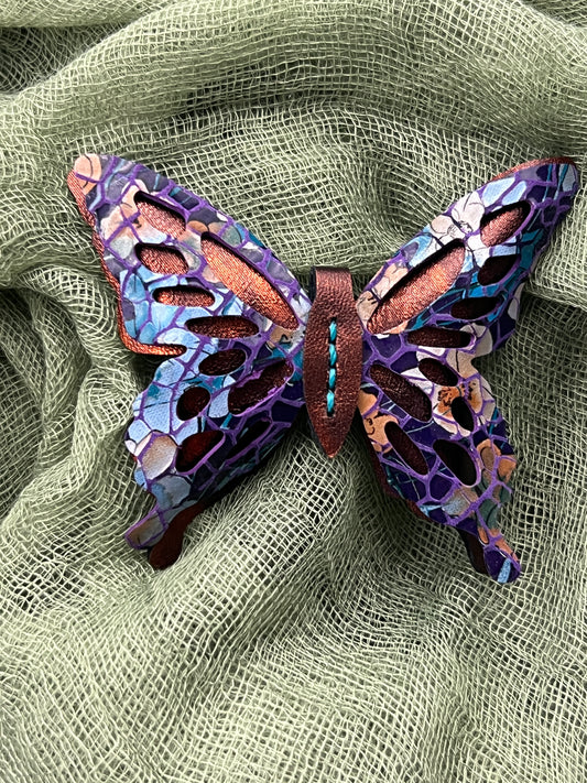 Orange with Purple Mosaic Top Leather Butterfly Clip