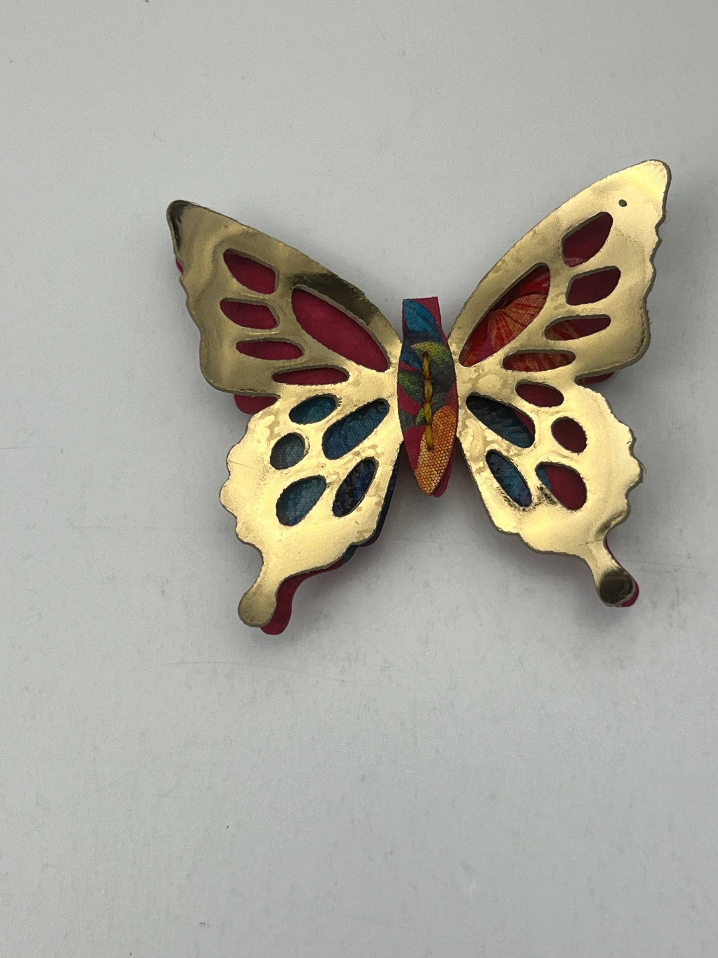 Pink Floral with Gold Top Leather Butterfly Clip