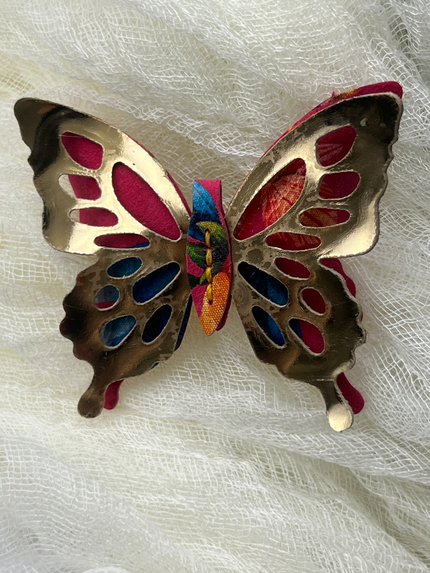 Pink Floral with Gold Top Leather Butterfly Clip