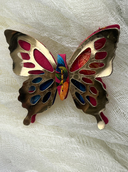 Pink Floral with Gold Top Leather Butterfly Clip