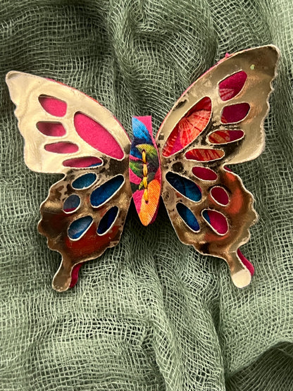 Pink Floral with Gold Top Leather Butterfly Clip
