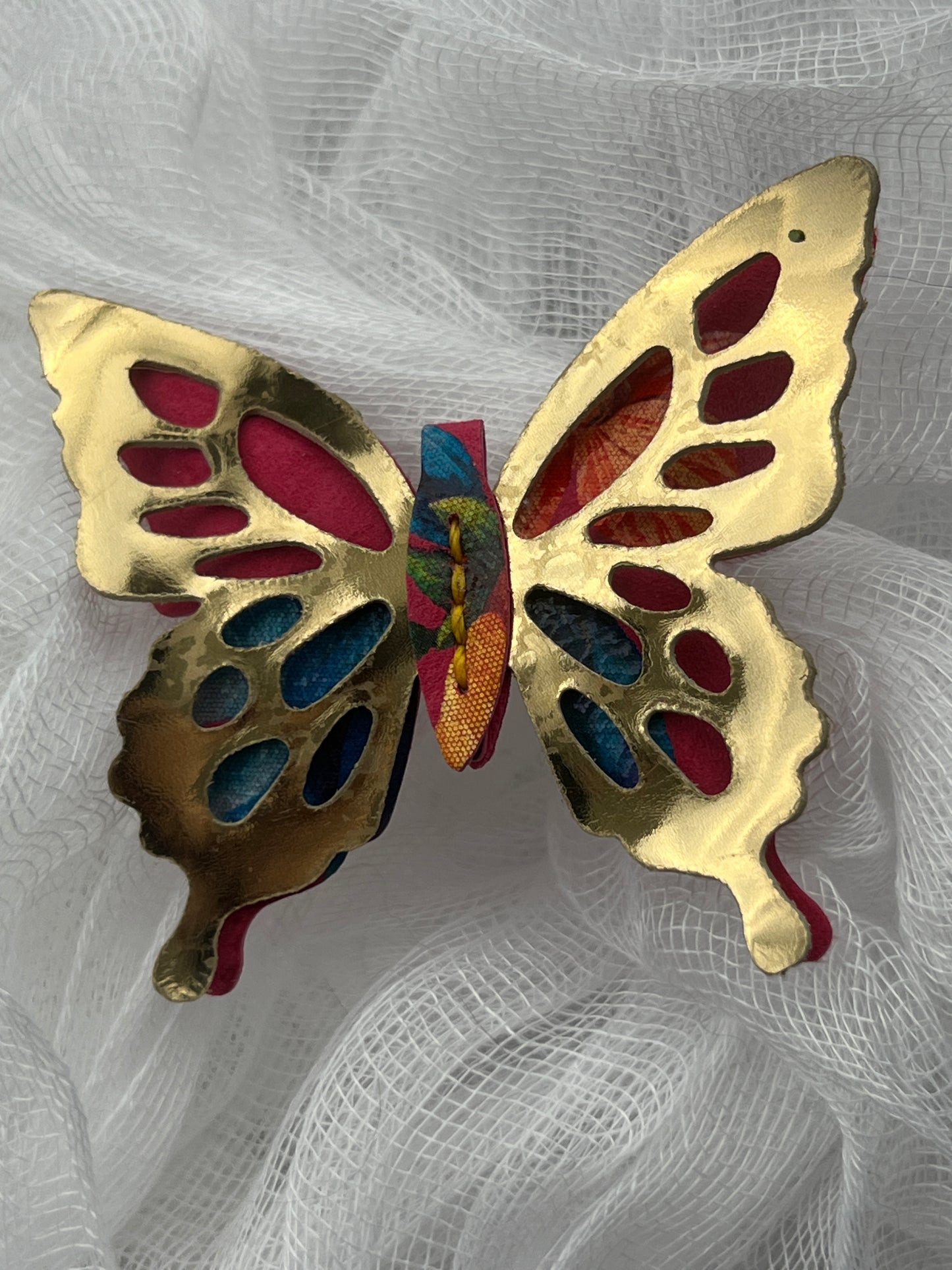 Pink Floral with Gold Top Leather Butterfly Clip