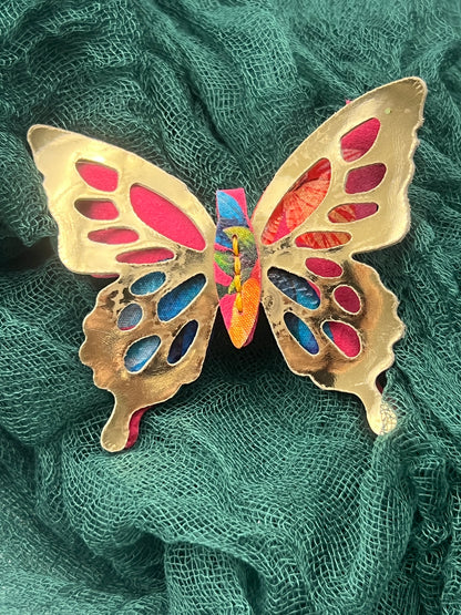 Pink Floral with Gold Top Leather Butterfly Clip