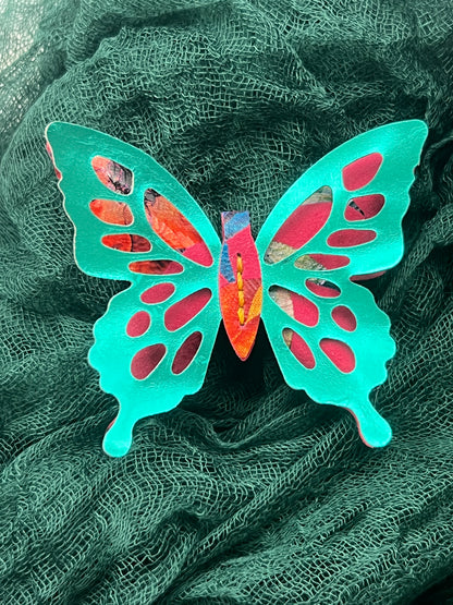 Pink Floral with Green Top Leather Butterfly Clip