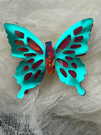 Pink Floral with Green Top Leather Butterfly Clip
