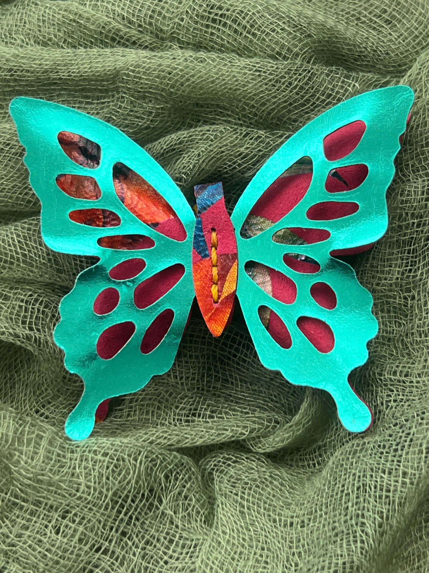 Pink Floral with Green Top Leather Butterfly Clip