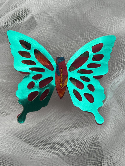 Pink Floral with Green Top Leather Butterfly Clip